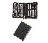 Dependable Industries Inc. Essentials Set de regalo de manicura y pedicura, cortaúñas 9 en 1, herramientas de cuidado personal con funda de piel sintética con cremallera, unisex, acero inoxidable