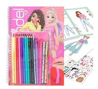 Depesche 11389 TOPModel-Juego de Libros para Colorear y diseñar atuendos Modernos, Incluye 14 bolígrafos, 1 Goma de borrar, Plantillas de Colores y 2 Hojas de Pegatinas, Multicolor