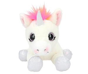 Depesche 11493 Ylvi Unicornio Tumbado, en Blanco y con vistosa Melena en los Colores del Arco Iris, Aprox. 30 cm de Altura Peluche con Detalles Plateados, White, Normal
