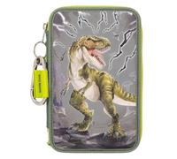 Depesche 11758 Dino World Reflector - Estuche de 3 compartimentos en color verde-gris, con motivo de dinosaurio y rayos, estuche reflectante con lápices de colores, regla, tijeras y mucho más.