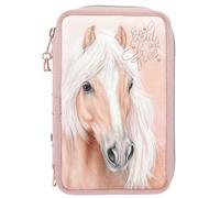 Depesche 11773 Miss Melody Romantic - Estuche con 3 Compartimentos Rellenos en Color Rosa, con diseño de Caballos, Estuche con lápices de Colores, Regla, Tijeras, etc.