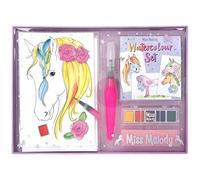 Depesche 12107 Miss Melody - Estuche de Acuarela con 20 Hojas de Plantillas de Motivos en Papel de Acuarela, Estuche de Pintura Creativa con 5 Pinturas de Acuarela, rotulador Pincel y Esponja