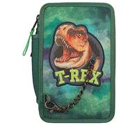 Depesche 12506 Dino World - Estuche de 3 compartimentos en diseño dinosaurio con cadena, lápices colores, regla, tijeras y mucho más.