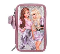 Depesche 12527 TOPModel Glitter Queen - Estuche relleno de 3 compartimentos con bolsillo botones a presión tela brillante, lápices colores, regla, tijeras y mucho más.