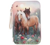 Depesche 12869 Miss Melody Flowers - Estuche con 3 Compartimentos en Color Rosa con diseño de Caballo, Estuche con lápices de Colores, Regla, Tijeras y Mucho más, Pink, Moderno