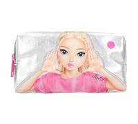 Depesche 12937 TOPModel Beauty and Me - Neceser plateado con efecto brillo y motivo modelo, neceser con cremallera y suaves corazones en rosa, rosa y naranja