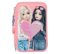 Depesche 12950 TOPModel - Estuche de 3 compartimentos en color rosa, con motivo de modelo y lentejuelas reversibles, estuche con lápices de colores, regla, tijeras y mucho más.