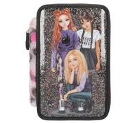 Depesche 13017 TOPModel Rebel Kitty - Estuche de 3 compartimentos en color negro, con motivo de modelo, purpurina y piel de leo, estuche con lápices de colores, regla, tijeras y mucho más.
