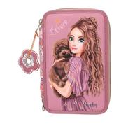Depesche 13055 TOPModel Floral - Estuche de 3 compartimentos en rosa oscuro, con motivo de modelo y estampado de flores, estuche con lápices de colores, regla, tijeras y mucho más.