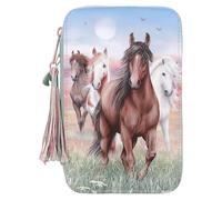 Depesche 13121 Miss Melody Hoof Clatter - Estuche Relleno de 3 Compartimentos en Color Verde pálido, con diseño de Caballos, Estuche con lápices de Colores, Regla, Tijeras, etc.