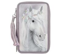 Depesche 13126 Miss Melody Fantasy Horse - Estuche de 3 compartimentos en color morado pálido, con motivo de caballo y purpurina, estuche con lápices de colores, regla, tijeras y mucho más.