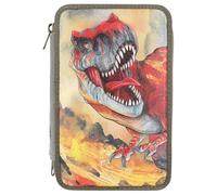 Depesche 13135 Dino World - Estuche Relleno de 3 Compartimentos en Verde Oliva, diseño con Efecto 3D, Estuche con lápices de Colores, Regla, Tijeras, etc.