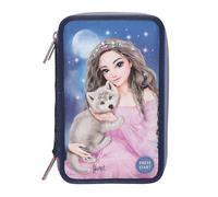 Depesche 13150 TOPModel LED Wolf - Estuche de 3 compartimentos en azul oscuro, con motivo de modelo y luces LED, estuche con lápices de colores, regla, tijeras y mucho más.