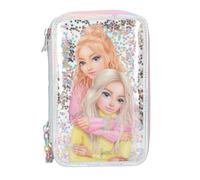 Depesche 13196 TOPModel Electric - Estuche de 3 compartimentos en plata, con motivo de modelo y confeti de estrellas de colores, estuche con lápices de colores, regla, tijeras y mucho más.