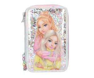 Depesche 13196 TOPModel Electric - Estuche de 3 compartimentos en plata, con motivo de modelo y confeti de estrellas de colores, estuche con lápices de colores, regla, tijeras y mucho más.