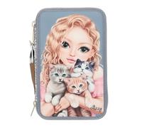 Depesche 13271 TOPModel Cat Love - Estuche de Tres Compartimentos Azul Claro con Motivo de Modelo y Estampado de Gatos, Estuche con lápices de Colores, Regla, Tijeras y Mucho más.