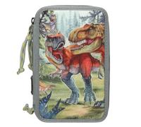 Depesche 13277 Dino World Bite - Estuche de 3 Compartimentos en Color Verde, con Motivo de Dinosaurio y Bosque, Estuche con lápices de Colores, Regla, Tijeras y Mucho más.