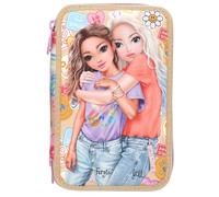 Depesche 13282 TOPModel Girl Power - Estuche de 3 Compartimentos en Color Beige, con Motivo de Modelo y lotes de Colores, Estuche con lápices de Colores, Tijeras, Regla y Mucho más.