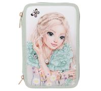 Depesche 13303 TOPModel Summer Feeling - Estuche de 3 compartimentos en color verde salvia, con motivo de modelo y flores, estuche con lápices de colores, regla, tijeras y mucho más.