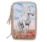 Depesche 13341 Miss Melody Poppy Sand - Estuche de 3 compartimentos en color beige, con motivo de caballo y amapolas, estuche con lápices de colores, regla, triángulo y mucho más.