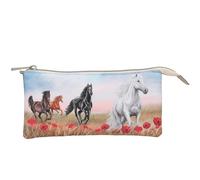 Depesche 13342 Miss Melody Poppy Sand - estuche en beige, con motivo de caballo y amapolas, estuche con 3 compartimentos interiores