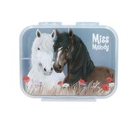 Depesche 13398 Miss Melody Dusty Rose - Fiambrera en Azul Claro, con Motivo de Caballo y Amapolas, Fiambrera con 3 Compartimentos y Tapa Transparente
