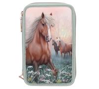 Depesche 13403 Miss Melody Romantic Fields - Estuche Relleno de 3 Compartimentos en Color Verde, con diseño de Caballo, Flores y Purpurina, Estuche con lápices de Colores, Regla, Tijeras, etc., Green