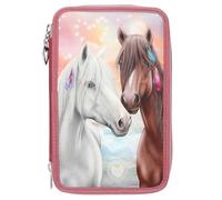 Depesche 13416 Miss Melody - Estuche de 3 compartimentos en rojo óxido, con efecto LED y motivo de caballo, estuche con lápices de colores, tijeras, regla y mucho más.