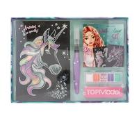 Depesche 13485 TOPModel - Set de acuarelas metalizadas, papel de acuarela negro con 20 motivos para colorear, incluye pincel, acuarelas brillantes y esponjitas