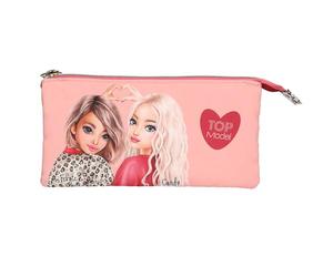 Depesche 13642 TOPModel Leoheart - Estuche en Rosa y Rojo, con Motivo de Modelo y Estampado Leo, Estuche para lápices con 3 Compartimentos
