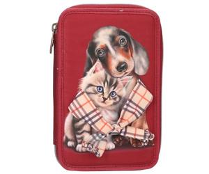 Depesche 13674 TOPModel Fur Ever Friends: Estuche de Dos Compartimentos Relleno en Rojo Oscuro, con Motivos de Perros y Gatos, Estuche con lápices de Colores, Tijeras, Regla y Mucho más.