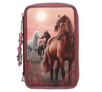 Depesche 13680 Miss Melody Dreamland - Estuche de 3 Compartimentos en Color Baya, con Motivo de Caballo, Estuche con lápices de Colores, Tijeras, Regla y Mucho más.