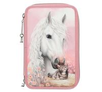 Depesche 13687 Miss Melody True Friends: estuche de 3 compartimentos relleno en rosa, con motivo de caballos y gatos, estuche con lápices de colores, tijeras, regla y mucho más.