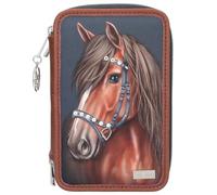 Depesche 13688 Miss Melody Luxury Horse: estuche de 3 compartimentos relleno en azul oscuro y marrón, con motivo de caballos y piedras brillantes, estuche con lápices de colores, tijeras y regla