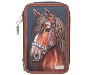 Depesche 13688 Miss Melody Luxury Horse: estuche de 3 compartimentos relleno en azul oscuro y marrón, con motivo de caballos y piedras brillantes, estuche con lápices de colores, tijeras y regla