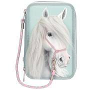 Depesche 13692 Miss Melody - Estuche de 3 Compartimentos en Color Verde Salvia, con aplicación de Cabeza de Caballo y Suave Crin, Estuche con lápices de Colores, Tijeras, Regla y Mucho más.