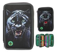 Depesche 13709 Adventure World Panther - Estuche de 3 Compartimentos en Negro, con Motivo de Pantera y Efectos de luz LED, Estuche con lápices de Colores, Tijeras, Regla y Mucho más.