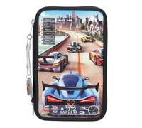 Depesche 13712 Action World Gaming: Estuche de 3 Compartimentos Relleno en Azul Oscuro, con Motivo de un Juego de Carreras de Coches y Horizonte, Estuche con lápices de Colores, Tijeras, Regla
