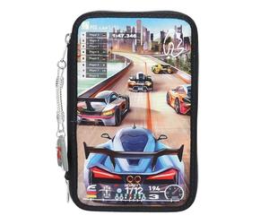 Depesche 13712 Action World Gaming: Estuche de 3 Compartimentos Relleno en Azul Oscuro, con Motivo de un Juego de Carreras de Coches y Horizonte, Estuche con lápices de Colores, Tijeras, Regla