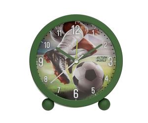 Depesche 13929 Action World: Despertador en Verde Oscuro para niños, con Motivo de fútbol, Reloj silencioso con función de luz