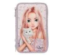 Depesche 13958 TOPModel Blooming Kitty: estuche de 3 compartimentos relleno en color rosa, con motivo de modelo, estampado de flores y gato, estuche con lápices de colores, tijeras, regla y mucho más.