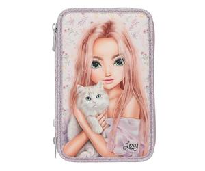 Depesche 13958 TOPModel Blooming Kitty: estuche de 3 compartimentos relleno en color rosa, con motivo de modelo, estampado de flores y gato, estuche con lápices de colores, tijeras, regla y mucho más.
