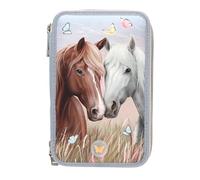 Depesche 13976 Miss Melody - Estuche de 3 Compartimentos Relleno en Azul Claro y Beige, con Motivo de Caballos, luz LED y Mariposas, Estuche con lápices de Colores, Tijeras, Regla y Mucho más