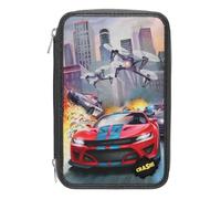 Depesche 13981 Action World - Estuche Relleno de 3 Compartimentos en Gris Oscuro, con LED, diseño de Coche de Carreras, Coche de policía y dron,
