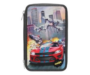 Depesche 13981 Action World - Estuche de 3 Compartimentos Lleno en Gris Oscuro, con LED, Motivo de Coches de Carreras, Coche de policía y dron, Estuche con lápices de Colores, Tijeras
