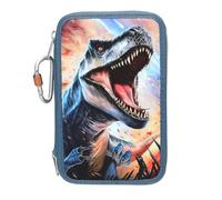 Depesche 13982 Dino World - Estuche de 3 Compartimentos Relleno en Azul, con diseño de T-Rex sobre Fondo de Llama, Estuche con lápices de Colores, Tijeras, Regla UVM.