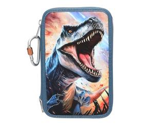 Depesche 13982 Dino World: Estuche con 3 Compartimentos en Azul, con Motivo de T-Rex sobre Fondo de Llamas, Estuche con lápices de Colores, Tijeras, Regla y Mucho más.