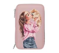 Depesche 14008 TOPModel Dots - Estuche de Dos Compartimentos Rosa, con Motivo de Modelo y Perro, Estuche con lápices de Colores, Tijeras, Regla y Mucho más.