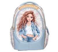 Depesche 14021 TOPModel Festival Fun - Mochila Escolar en Azul Oscuro y Crema, con Motivo de Modelo y Estampado Floral, Mochila con Tirantes Ajustables