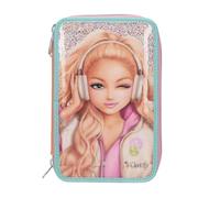 Depesche 14100 TOPModel Music - Estuche de 3 Compartimentos en Rosa, Albaricoque y Turquesa, con Motivo de Modelo y Purpurina; Estuche con lápices de Colores, Tijeras, Regla y Mucho más